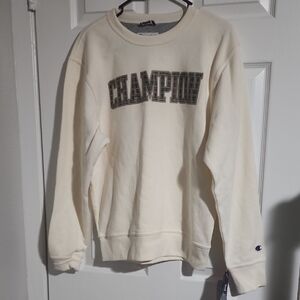 Champion Cream Crewneck with Olive Green Block Logo